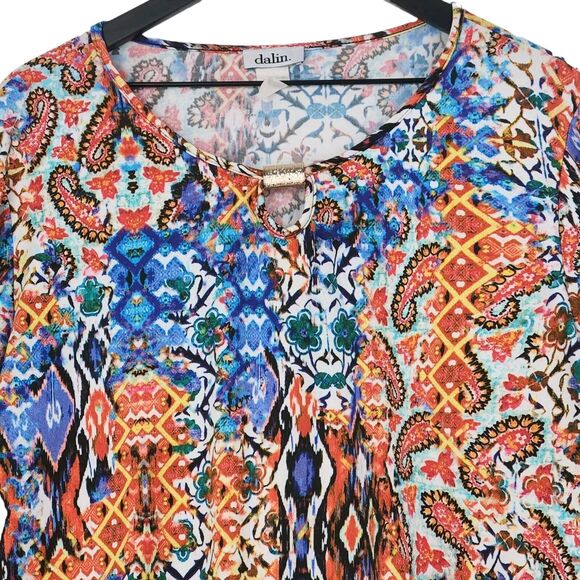 Dalin Womens Top 2X Keyhole Geo Graphic Print Ruched Sleeves Boho Artsy Stretch - Picture 2 of 10